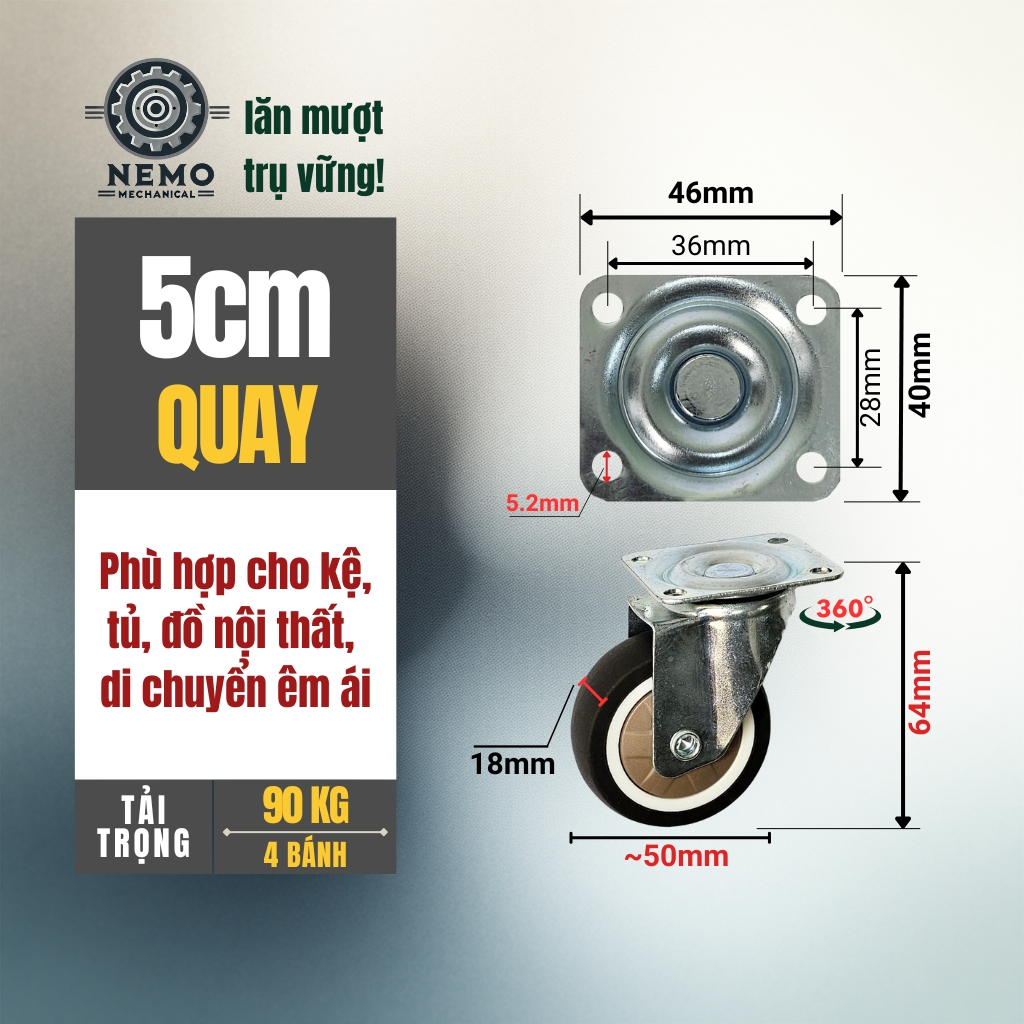 Bánh xe TPR nội thất, có ổ bi, gắn đồ nội thất, xe chòi chân trẻ em tải dưới 100kg